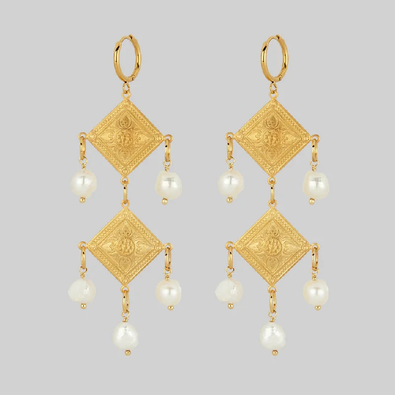 Women's Earrings – Elegant Designs for Every Personality--BANQUET. Pearl Chandelier Hoop Earrings - Gold