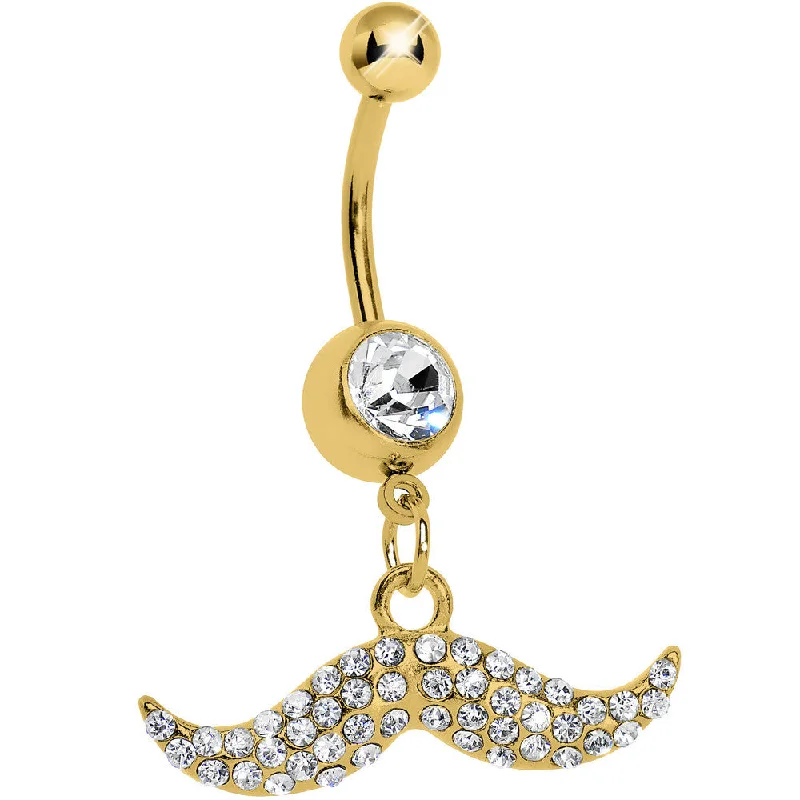 Designer Belly Rings for Exclusive Looks -Gold Plated Crystalline Gem Paved Mustache Belly Ring Designer Belly Rings for Exclusive Looks -Gold Plated Crystalline Gem Paved Mustache Belly Ring