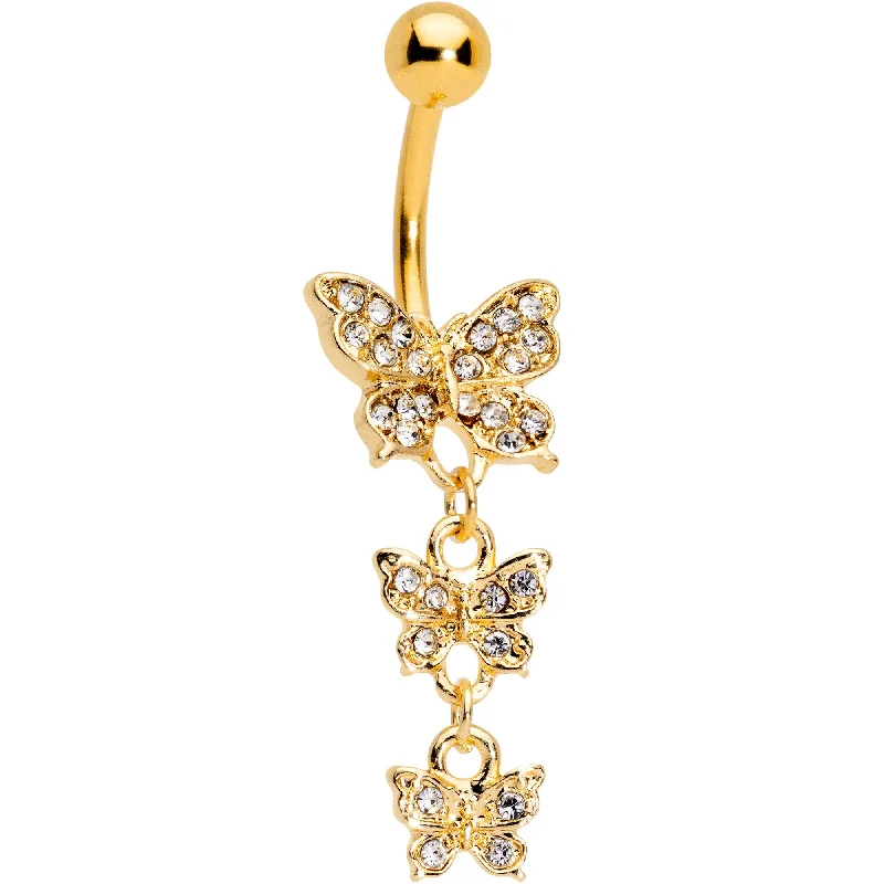 Designer Belly Rings for Unique Looks -Clear Gem Gold Tone Flight Of Butterflies Dangle Belly Ring Designer Belly Rings for Unique Looks -Clear Gem Gold Tone Flight Of Butterflies Dangle Belly Ring