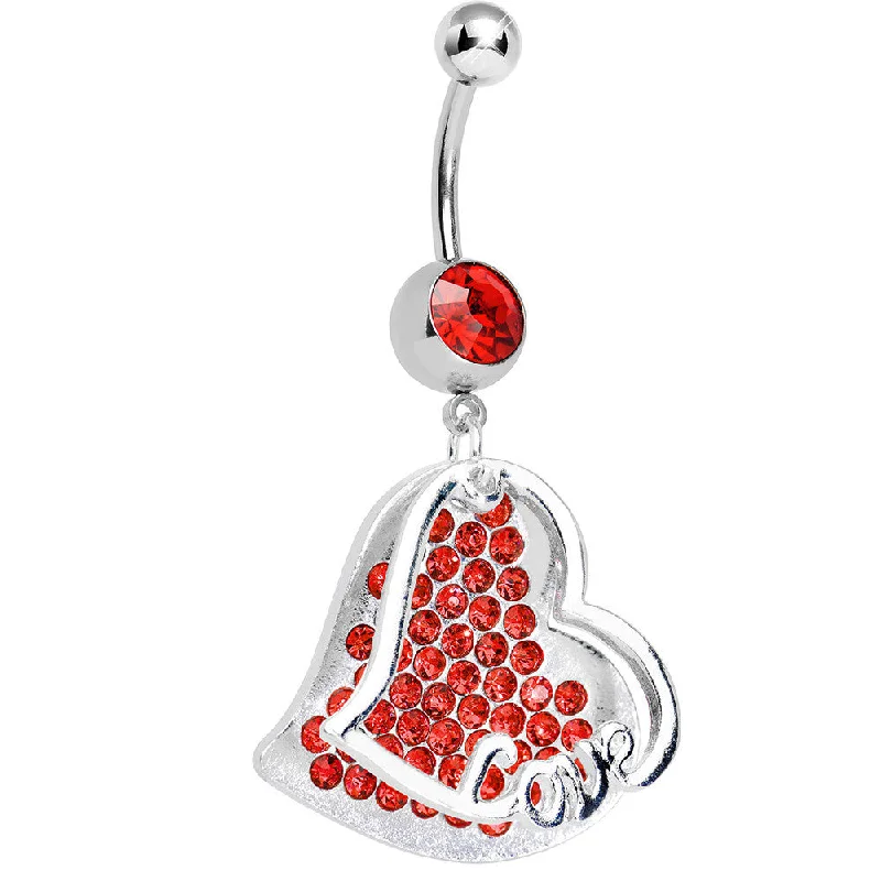 Stylish Belly Rings for Modern Women -Red Gem Paved Love Heart Dangle Belly Ring