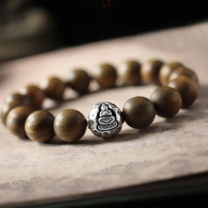 Minimalist Men's Bracelets-Buddha Stones 999 Sterling Silver Green Sandalwood Small Leaf Red Sandalwood Buddha Cure Bracelet Minimalist Men's Bracelets-Buddha Stones 999 Sterling Silver Green Sandalwood Small Leaf Red Sandalwood Buddha Cure Bracelet