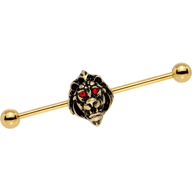 Women's Earrings – Elegant Designs for Every Personality--14 Gauge Red Gem Gold PVD Ferocious Lion Industrial Barbell 38mm Women's Earrings – Elegant Designs for Every Personality--14 Gauge Red Gem Gold PVD Ferocious Lion Industrial Barbell 38mm