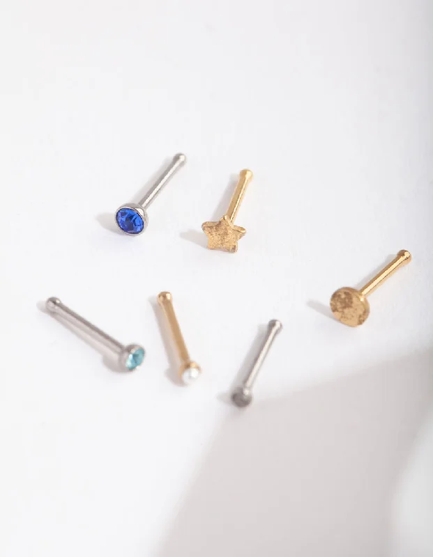 Nose Rings for Classic Fashion with Modern Appeal -Mix Metal Sapphire Star Nose Stud 6-Pack Nose Rings for Classic Fashion with Modern Appeal -Mix Metal Sapphire Star Nose Stud 6-Pack