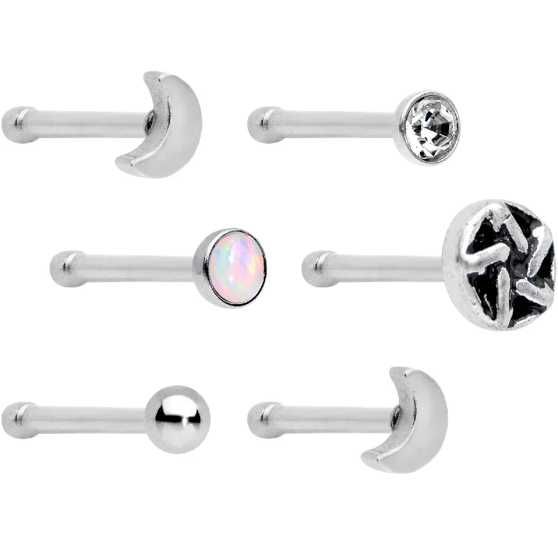 Nose Rings for Casual Wear -1/4 White Faux Opal Double Crescent Moon Nose Bone 6 Pack Set Nose Rings for Casual Wear -1/4 White Faux Opal Double Crescent Moon Nose Bone 6 Pack Set