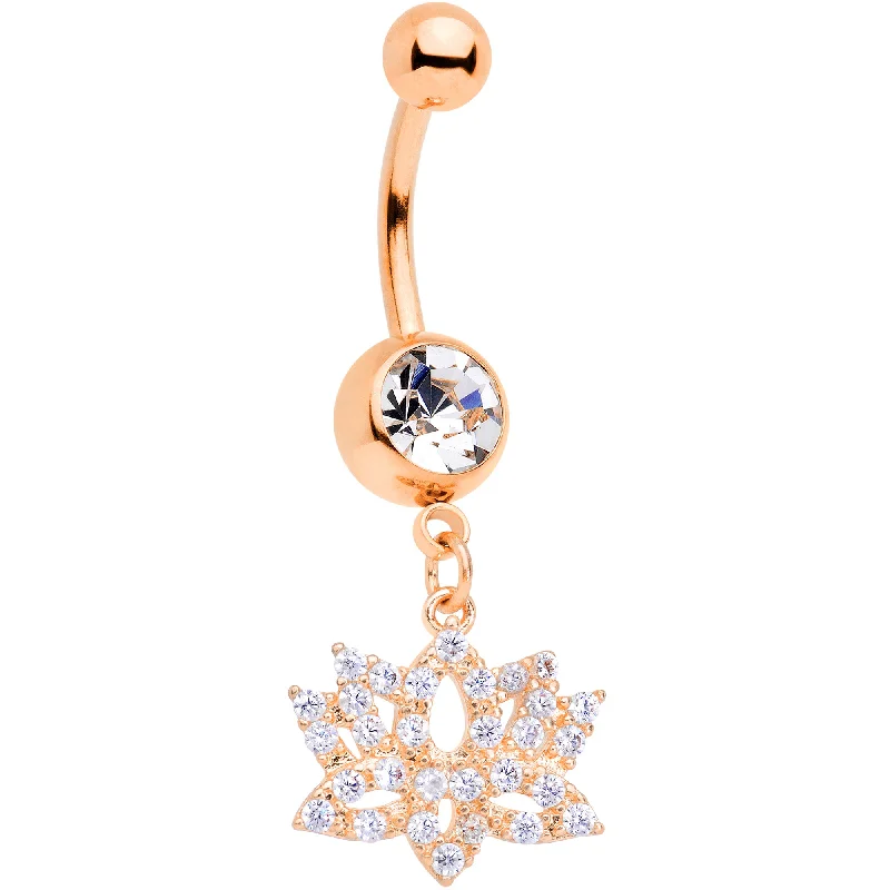 Classic Belly Rings for Subtle Style -Clear CZ Gem Rose Gold Tone Lotus Flower Dangle Belly Ring Classic Belly Rings for Subtle Style -Clear CZ Gem Rose Gold Tone Lotus Flower Dangle Belly Ring