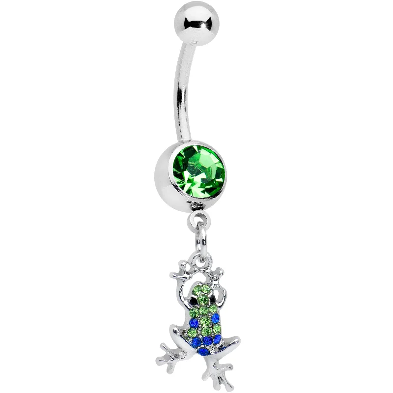 Designer Belly Rings for Exclusive Looks -Green Blue Gem Fabulous Frog Dangle Belly Ring Designer Belly Rings for Exclusive Looks -Green Blue Gem Fabulous Frog Dangle Belly Ring