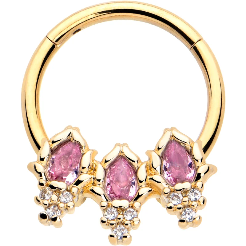 Nose Rings for Glamorous and Bold Looks -16 Gauge 3/8 Pink CZ Gem Gold Tone Style Fire Hinged Segment Ring Nose Rings for Glamorous and Bold Looks -16 Gauge 3/8 Pink CZ Gem Gold Tone Style Fire Hinged Segment Ring