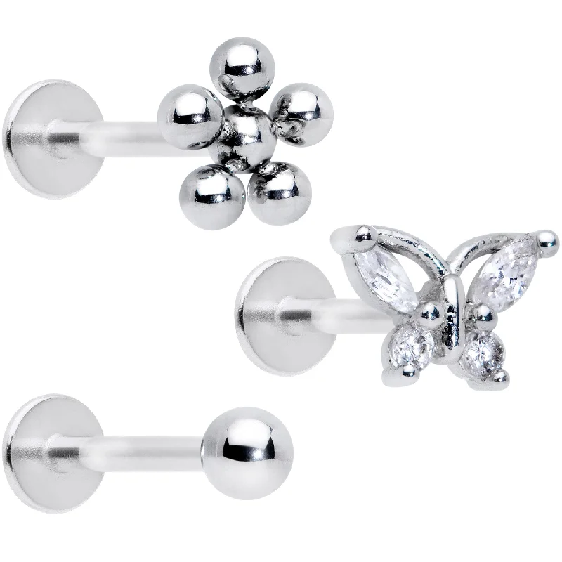 Bold Lip Rings for Statement Style16 Gauge 5/16 Clear CZ Gem Flower Butterfly Labret Tragus Set of 3 Bold Lip Rings for Statement Style16 Gauge 5/16 Clear CZ Gem Flower Butterfly Labret Tragus Set of 3