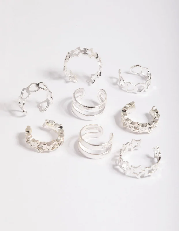 Women's Earrings – Elegant Designs for Every Personality--Silver Starry Heart Cuff Earring 8-Pack
