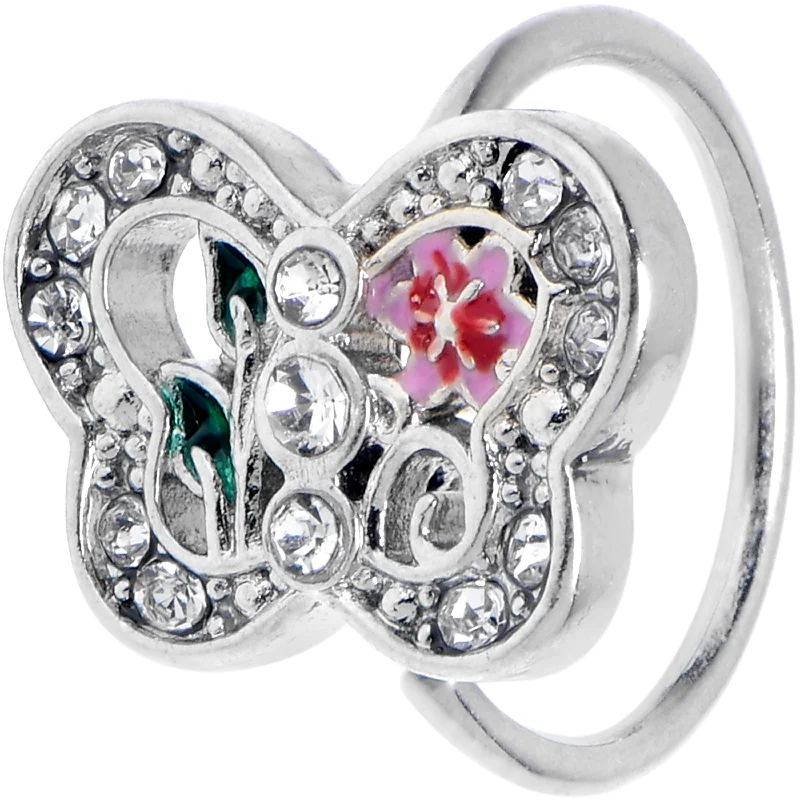 Affordable Nose Rings for Bold Styles -20 Gauge 5/16 Clear Gem Floral Butterfly Nose Hoop Affordable Nose Rings for Bold Styles -20 Gauge 5/16 Clear Gem Floral Butterfly Nose Hoop