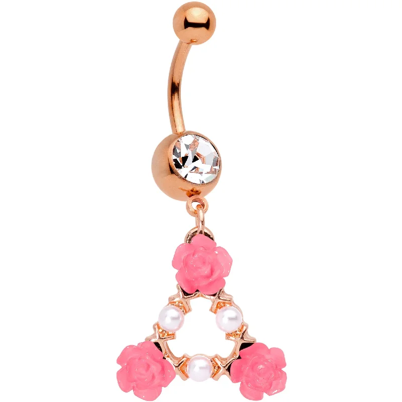 Comfortable Belly Rings for Long-Wear Fashion -Clear Gem Rose Gold Tone Triangle of Roses Dangle Belly Ring Comfortable Belly Rings for Long-Wear Fashion -Clear Gem Rose Gold Tone Triangle of Roses Dangle Belly Ring