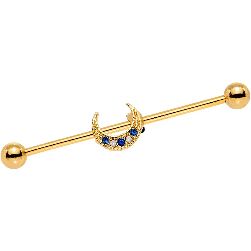 Women's Earrings – Elegant Designs for Every Personality--Blue CZ Gem Gold PVD Upward Crescent Moon Industrial Barbell 38mm Women's Earrings – Elegant Designs for Every Personality--Blue CZ Gem Gold PVD Upward Crescent Moon Industrial Barbell 38mm