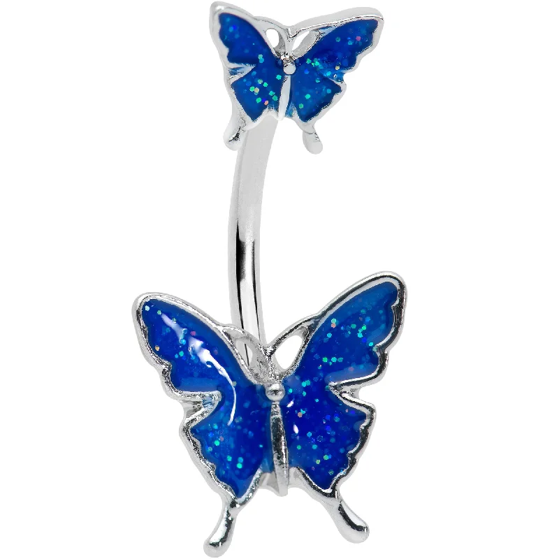 Comfortable Belly Rings for Everyday Wear -Blue Double Butterfly Glitter Wings Double Mount Belly Ring Comfortable Belly Rings for Everyday Wear -Blue Double Butterfly Glitter Wings Double Mount Belly Ring