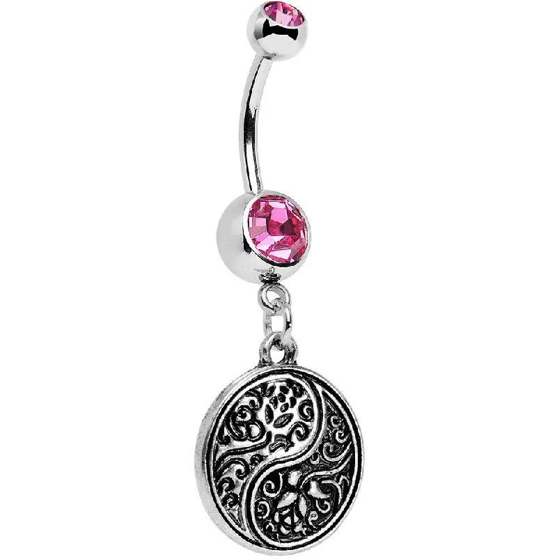 Comfortable Belly Rings for Exclusive Fashion -Pink Gem Floral Fantasy Yin Yang Disc Dangle Belly Ring Comfortable Belly Rings for Exclusive Fashion -Pink Gem Floral Fantasy Yin Yang Disc Dangle Belly Ring