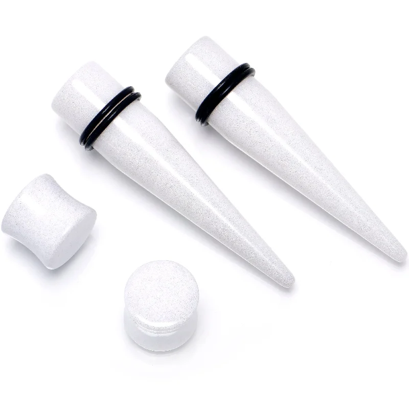 Women's Earrings – Elegant Designs for Every Personality--White Acrylic Shimmer Finish Taper Saddle Plug Set 6mm to 20mm Sizes Women's Earrings – Elegant Designs for Every Personality--White Acrylic Shimmer Finish Taper Saddle Plug Set 6mm to 20mm Sizes
