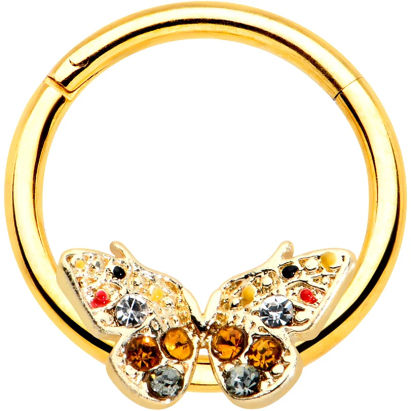Comfortable Nose Rings with Stylish Touch -16 Gauge 3/8 Orange Gem Gold Hue Baroque Butterfly Hinged Segment Ring Comfortable Nose Rings with Stylish Touch -16 Gauge 3/8 Orange Gem Gold Hue Baroque Butterfly Hinged Segment Ring