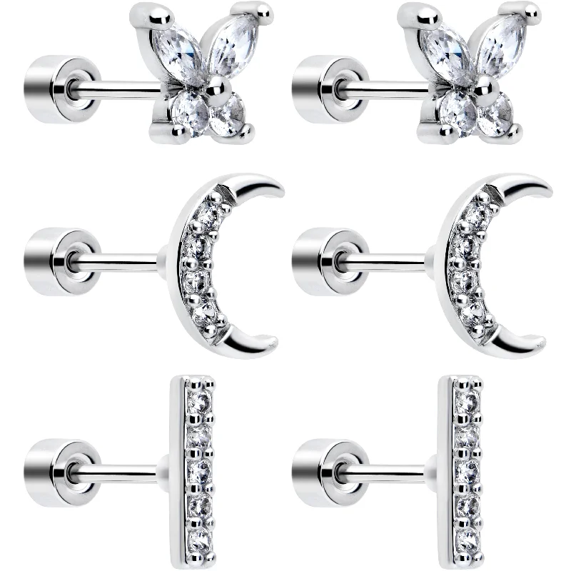 Women's Earrings – Elegant Designs for Every Personality--CZ Celetial Butterfly Flat Back Stud Earrings - 3 Pairs