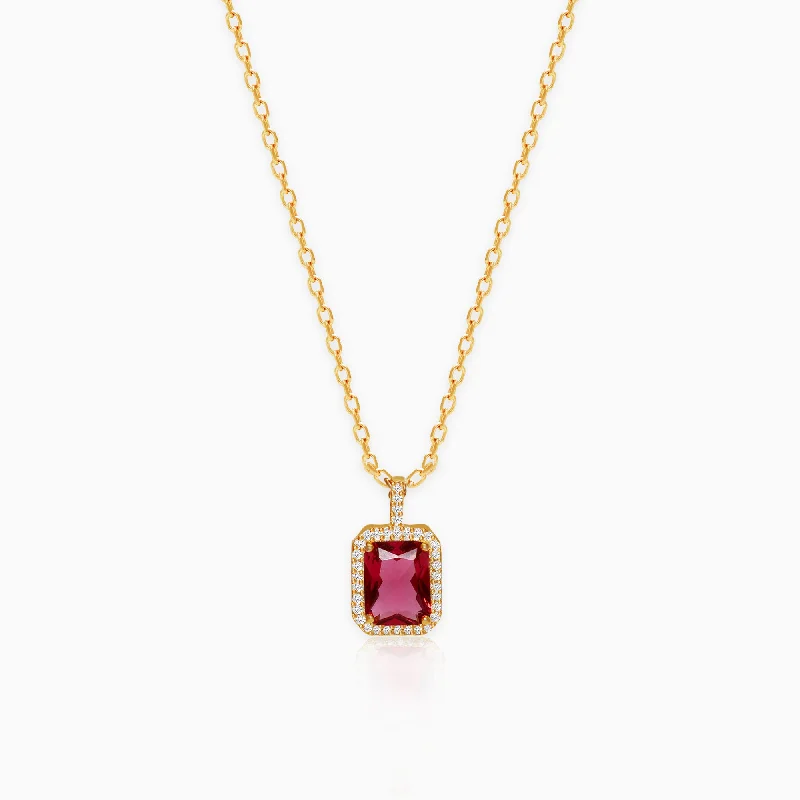Shop Classic Women's Necklaces & Pendants with a Modern Twist-Golden Ruby Red Baguette Pendant with Link Chain Shop Classic Women's Necklaces & Pendants with a Modern Twist-Golden Ruby Red Baguette Pendant with Link Chain
