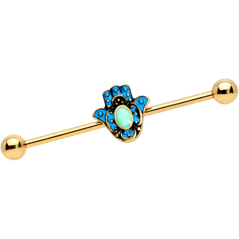 Women's Earrings – Elegant Designs for Every Personality--14 Gauge Gold Tone Aqua Ornate Hamsa Hand Industrial Barbell 38mm Women's Earrings – Elegant Designs for Every Personality--14 Gauge Gold Tone Aqua Ornate Hamsa Hand Industrial Barbell 38mm