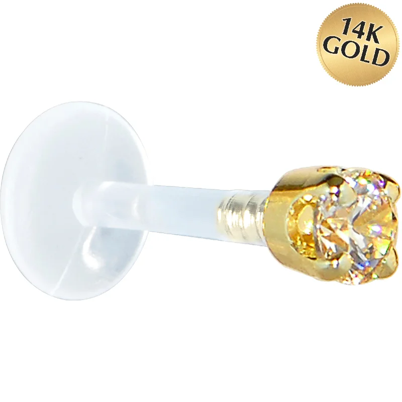 Women's Earrings – Elegant Designs for Every Personality--16 Gauge 5/16 Solid 14KT Yellow Gold 3mm Champagne Cubic Zirconia Bioplast Tragus Earring Stud