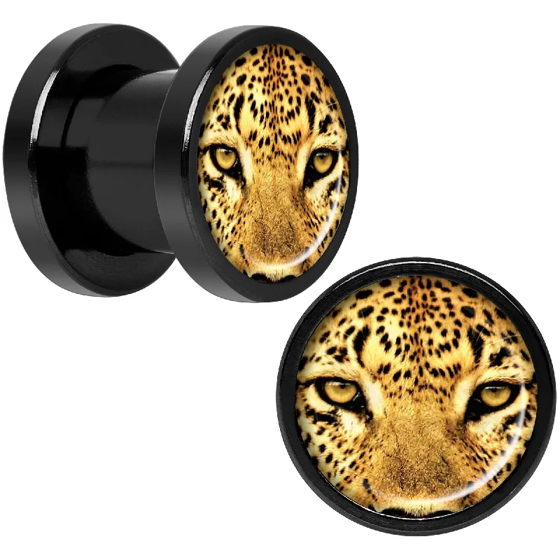 Women's Earrings – Elegant Designs for Every Personality--Full Color Leopard Eyes Black Anodized Screw Fit Plug Set 0 Gauge