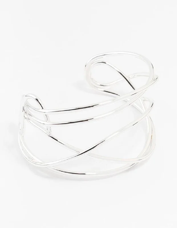 Large Wedding Bangles for Women-Silver Plated Organic Wire Cuff Bracelet