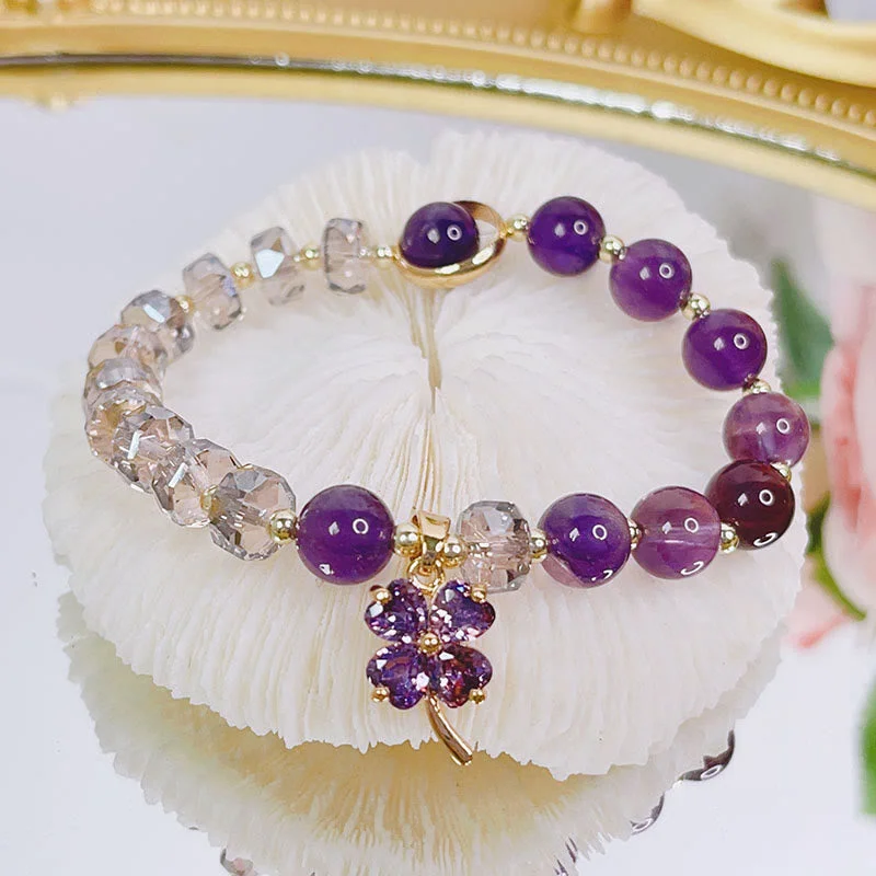 Unique Wedding Bangles for Women-Buddha Stones Amethyst Crystal Four Leaf Clover Healing Charm Bracelet Unique Wedding Bangles for Women-Buddha Stones Amethyst Crystal Four Leaf Clover Healing Charm Bracelet