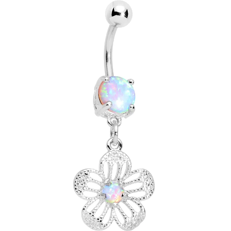 Comfortable Belly Rings for Perfect Fit -White Faux Opal Frozen Flower Dangle Belly Ring Comfortable Belly Rings for Perfect Fit -White Faux Opal Frozen Flower Dangle Belly Ring