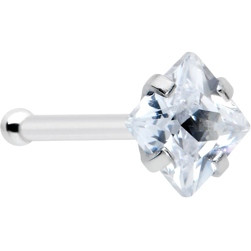 Nose Rings for Romantic Occasions -20 Gauge 1/4 Clear CZ Gem Square 3mm Simple Glam Nose Bone