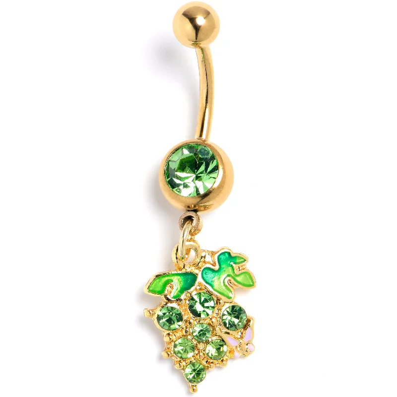 Trendy Belly Rings for Chic Fashion -Green Gem Gold Tone Butterfly Grapes Dangle Belly Ring Trendy Belly Rings for Chic Fashion -Green Gem Gold Tone Butterfly Grapes Dangle Belly Ring