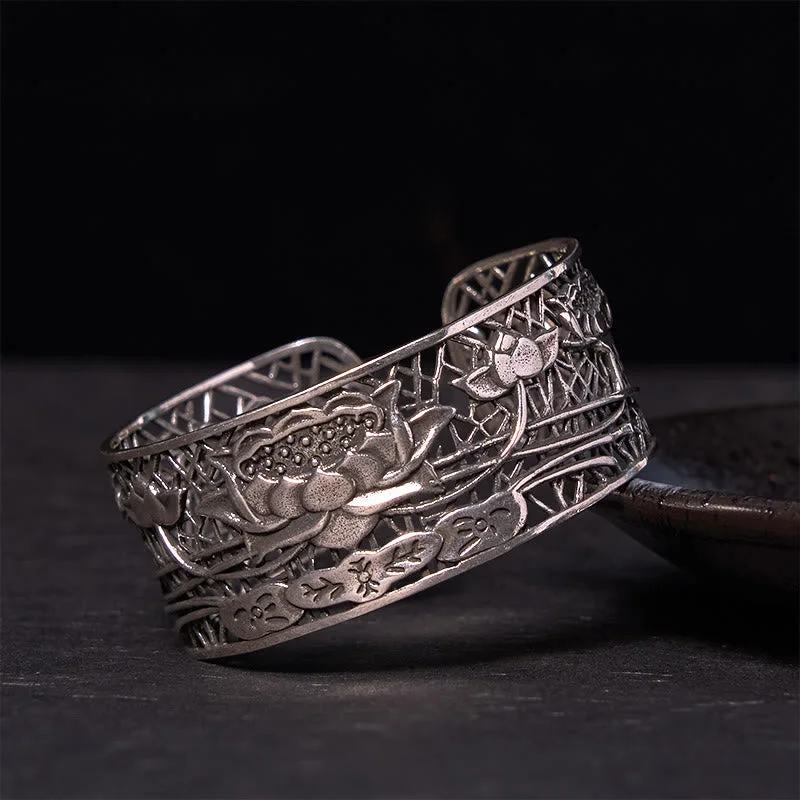 Men's Bracelets for Outdoor Adventures-Buddha Stones Hollow Lotus Silver Plated Copper Healing Enlightenment Bracelet Bangle Men's Bracelets for Outdoor Adventures-Buddha Stones Hollow Lotus Silver Plated Copper Healing Enlightenment Bracelet Bangle