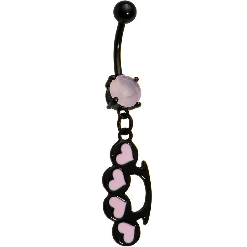 Chic Belly Rings with Gemstone Accents -Pastel Pink Heart Brass Knuckle Belly Ring