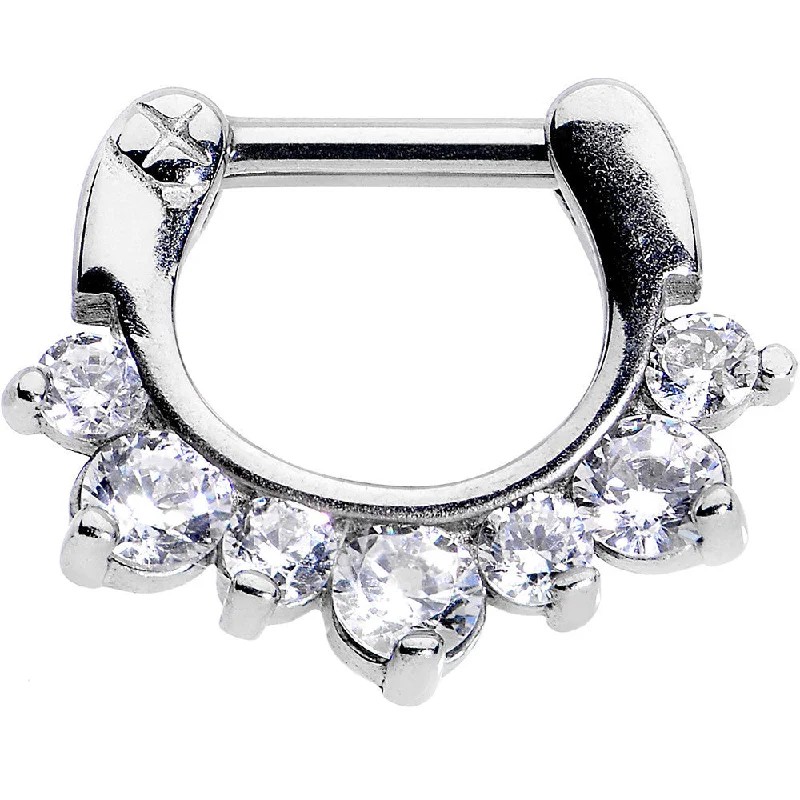 Stunning Nose Rings for a Bold Appearance -14 Gauge 5/16 Seven Clear Cubic Zirconia Septum Clicker Stunning Nose Rings for a Bold Appearance -14 Gauge 5/16 Seven Clear Cubic Zirconia Septum Clicker