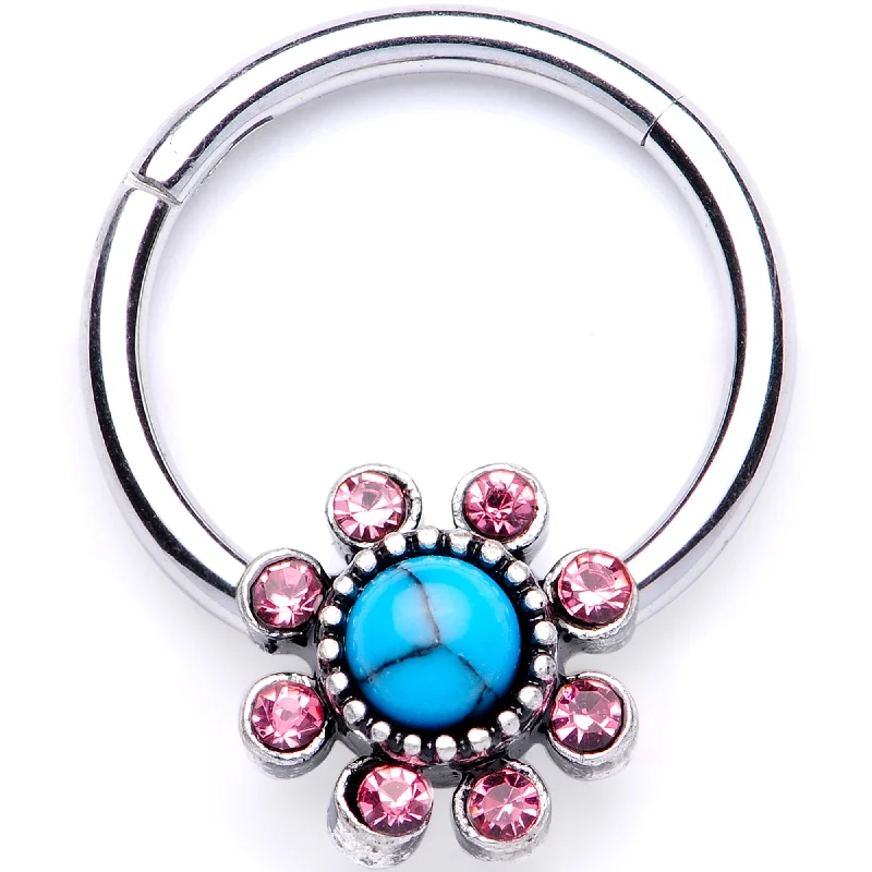 Nose Rings for Sensitive Piercing Areas -16 Gauge 3/8 Pink Gem Faux Turquoise Flower Hinged Segment Ring Nose Rings for Sensitive Piercing Areas -16 Gauge 3/8 Pink Gem Faux Turquoise Flower Hinged Segment Ring