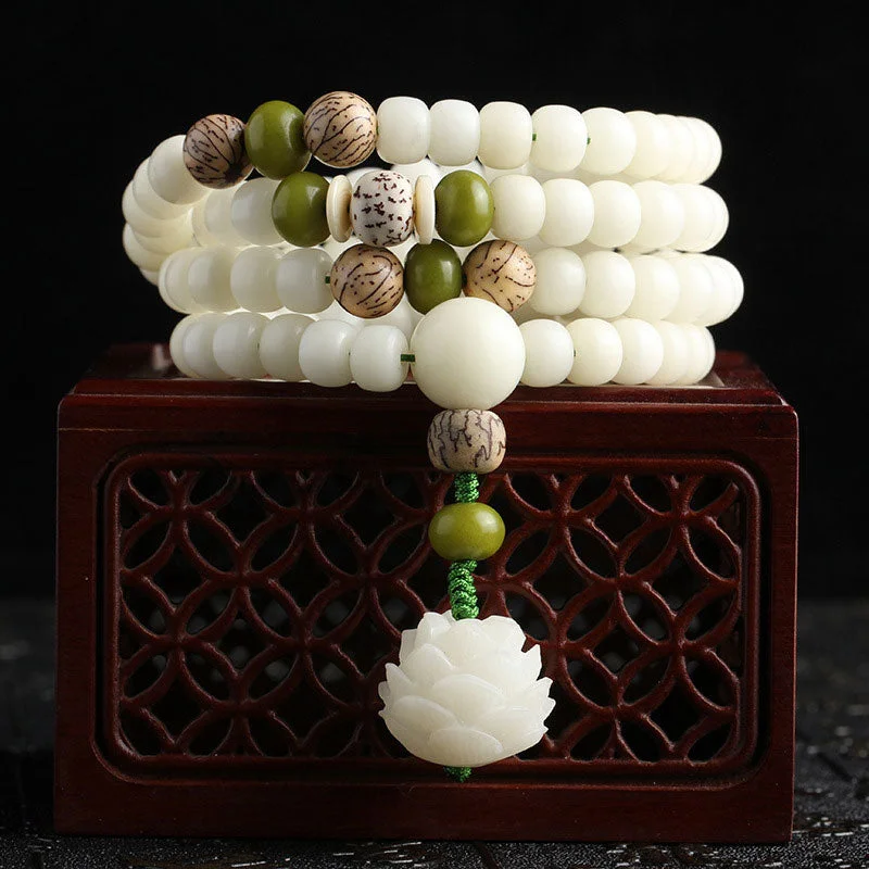 Designer Bracelets for Men with Unique Charms-Buddha Stones White Jade Bodhi Lotus Mala Harmony Necklace Bracelet Designer Bracelets for Men with Unique Charms-Buddha Stones White Jade Bodhi Lotus Mala Harmony Necklace Bracelet