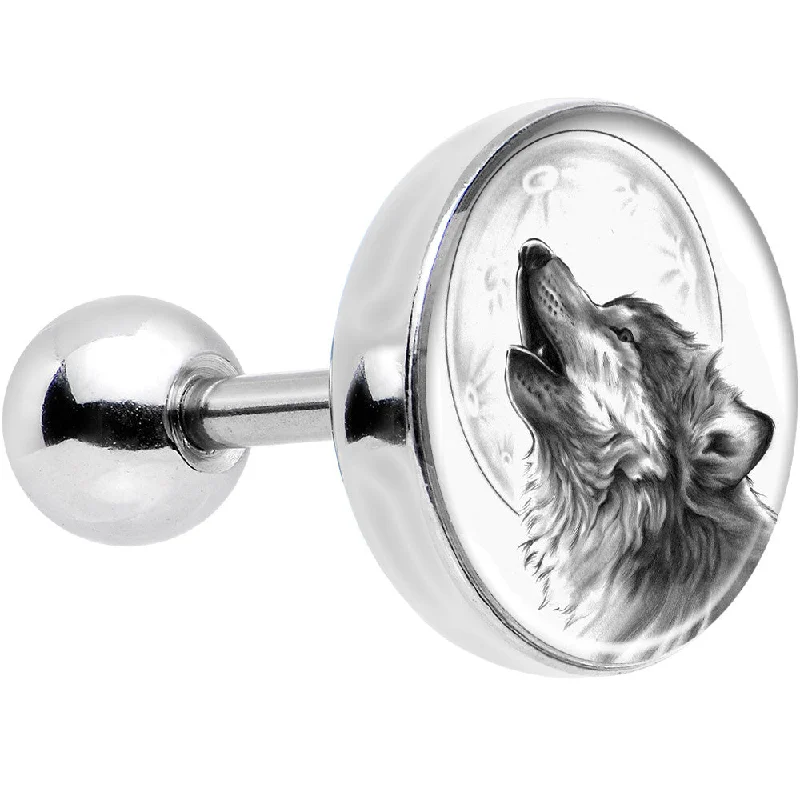 Women's Earrings – Elegant Designs for Every Personality--16 Gauge Black and White Howling Wolf Tragus Cartilage Earring