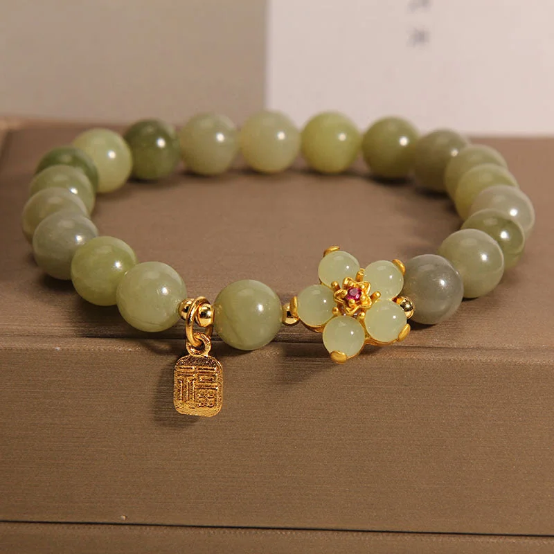 High-End Crystal Bangles for Women-Buddha Stones Green Jade Flower Fu Character Charm Luck Bracelet