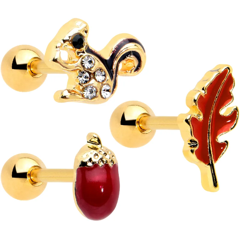 Women's Earrings – Elegant Designs for Every Personality--16 Gauge 1/4 Clear Gem Gold Hue Autumn Acorn Cartilage Tragus Set of 3