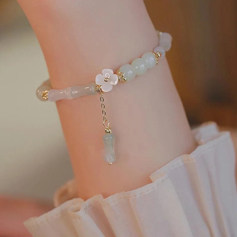 Adjustable Beaded Bangles for Women-Buddha Stones 14K Gold Plated Natural Hetian Jade Flower Bamboo Pattern Luck Chain Bracelet Adjustable Beaded Bangles for Women-Buddha Stones 14K Gold Plated Natural Hetian Jade Flower Bamboo Pattern Luck Chain Bracelet