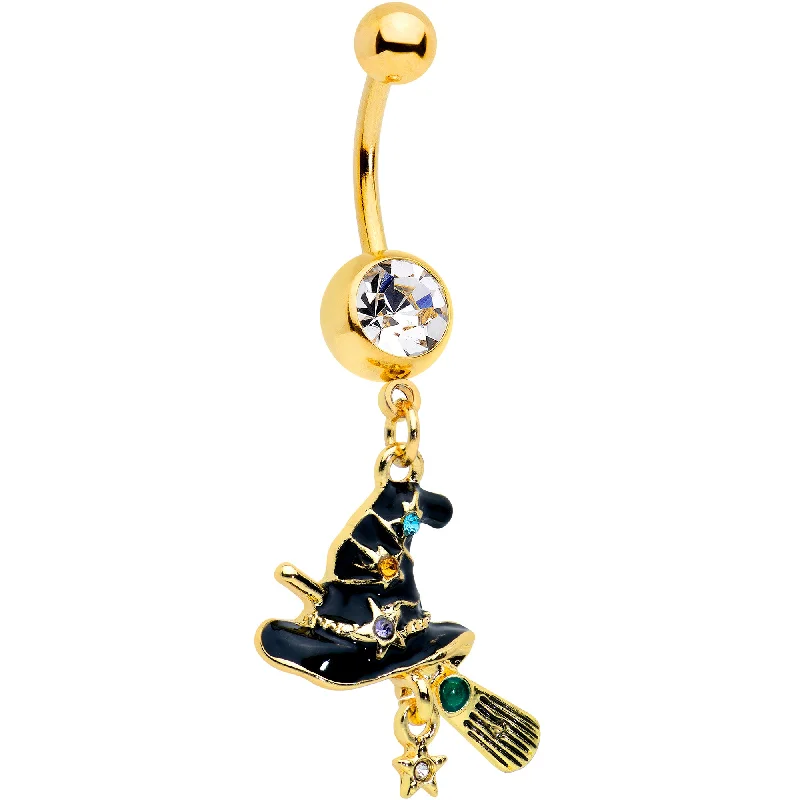 Comfortable Belly Rings for Effortless Style -Clear Green Gem Gold Tone Witch Hat Broom Halloween Dangle Belly Ring Comfortable Belly Rings for Effortless Style -Clear Green Gem Gold Tone Witch Hat Broom Halloween Dangle Belly Ring