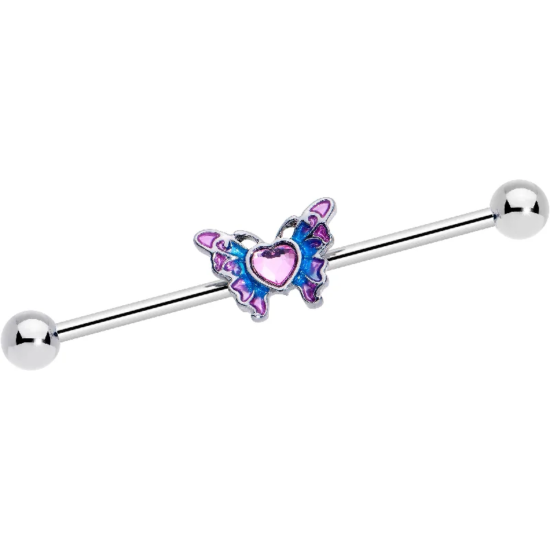 Women's Earrings – Elegant Designs for Every Personality--14 Gauge Pink Gem Heart Butterfly Purple Industrial Barbell 38mm