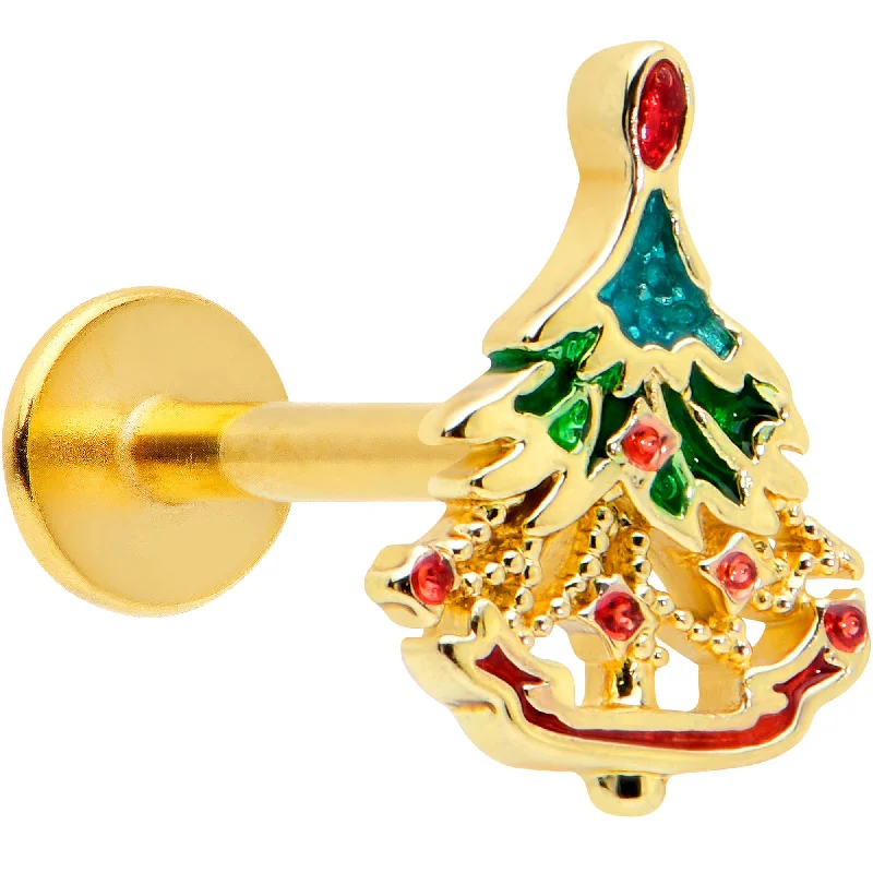 Elegant Lip Rings with Gemstone Details16 Gauge 5/16 Red Gem Gold Tone Deco Holiday Tree Labret Monroe Tragus