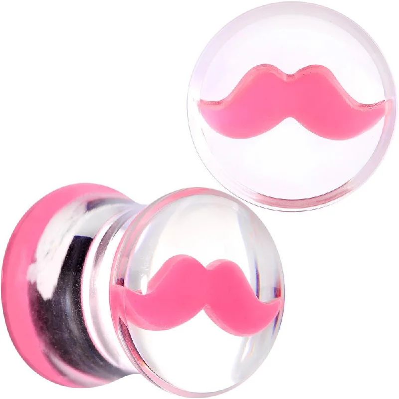 Women's Earrings – Elegant Designs for Every Personality--Clear Acrylic Pink Mustache Double Flare Saddle Plug Set 2 Gauge to 20mm