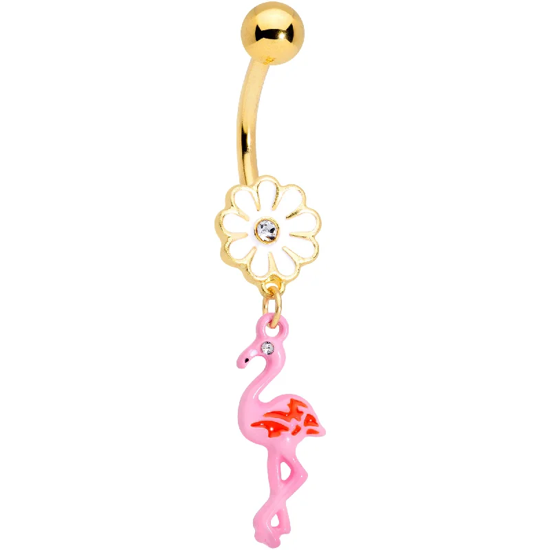 Trendy Belly Rings with Colorful Stones -Clear Gem Gold Tone Flower Flamingo Dangle Belly Ring Trendy Belly Rings with Colorful Stones -Clear Gem Gold Tone Flower Flamingo Dangle Belly Ring