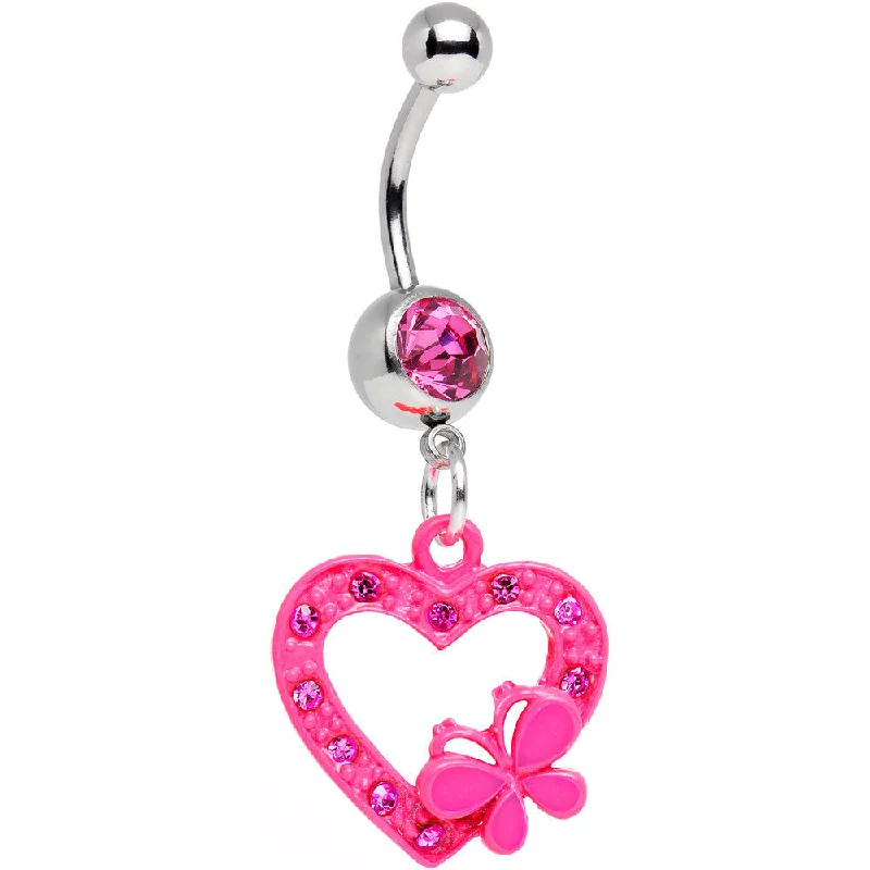 Stylish Belly Rings with Subtle Beauty -Pink Gem Pink Butterfly Loving Heart Dangle Belly Ring Stylish Belly Rings with Subtle Beauty -Pink Gem Pink Butterfly Loving Heart Dangle Belly Ring
