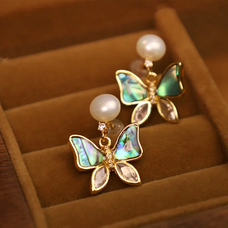 Women's Earrings – Elegant Designs for Every Personality--Buddha Stones 18K Gold Plated Copper Natural Shell Pearl Butterfly Sincerity Stud Earrings