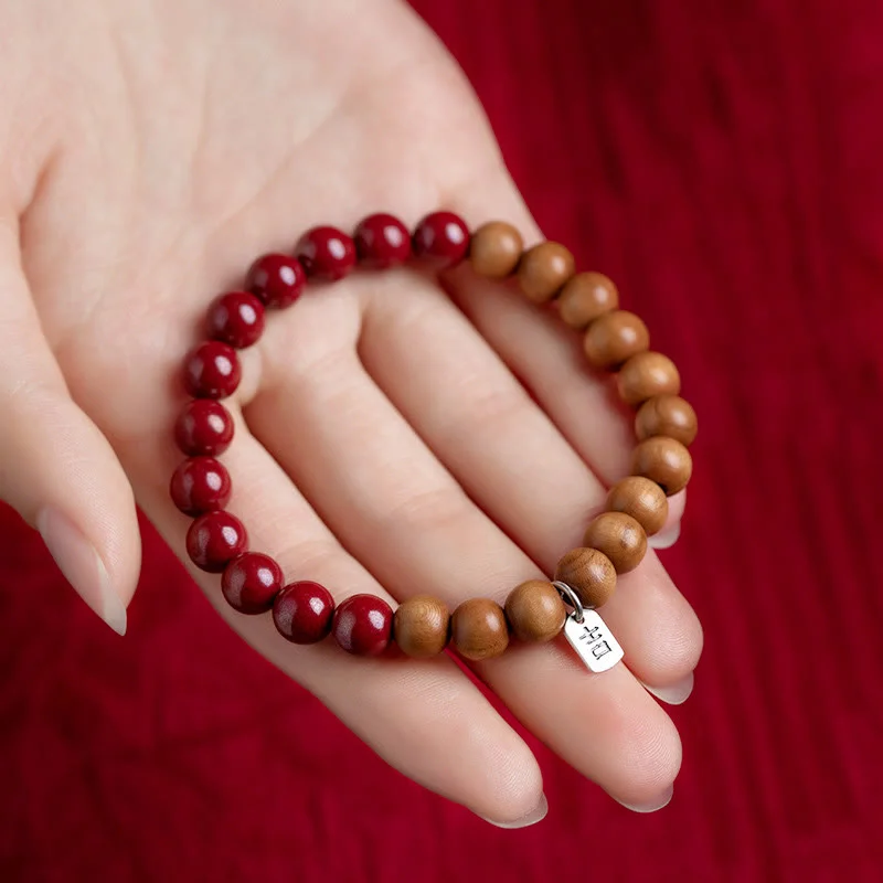 Elegant Silver Bangles for Women-Buddha Stones 925 Sterling Silver Peach Wood Cinnabar Ward Off Evil Spirits Bracelet