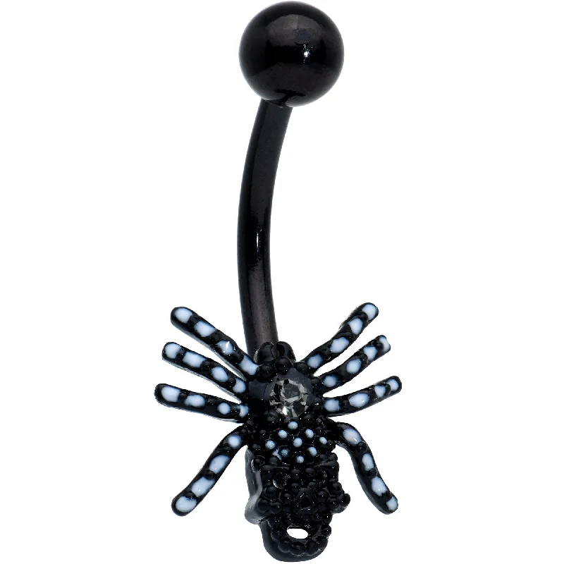 Trendy Belly Rings with Stunning Details -Clear Gem Black Skull Spider Striped Halloween Belly Ring Trendy Belly Rings with Stunning Details -Clear Gem Black Skull Spider Striped Halloween Belly Ring