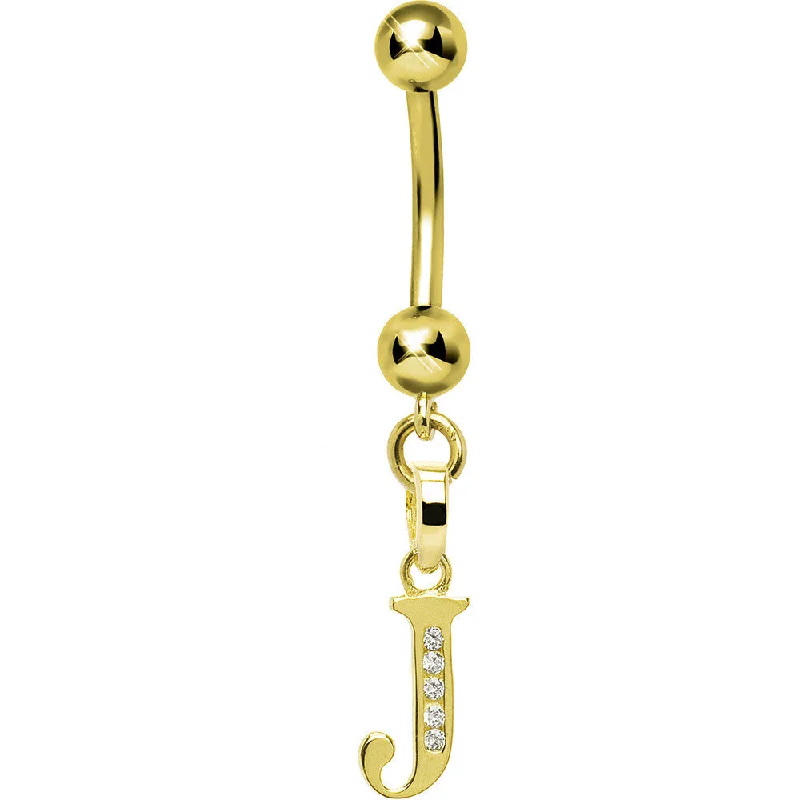 Customizable Belly Rings with Personal Touch -16 Gauge Solid 14kt Yellow Gold CZ Initial J Belly Ring Customizable Belly Rings with Personal Touch -16 Gauge Solid 14kt Yellow Gold CZ Initial J Belly Ring