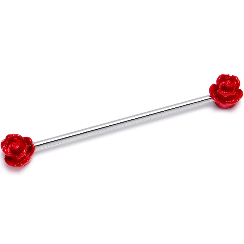 Women's Earrings – Elegant Designs for Every Personality--14 Gauge Open Bloom Rose Red Industrial Barbell 38mm